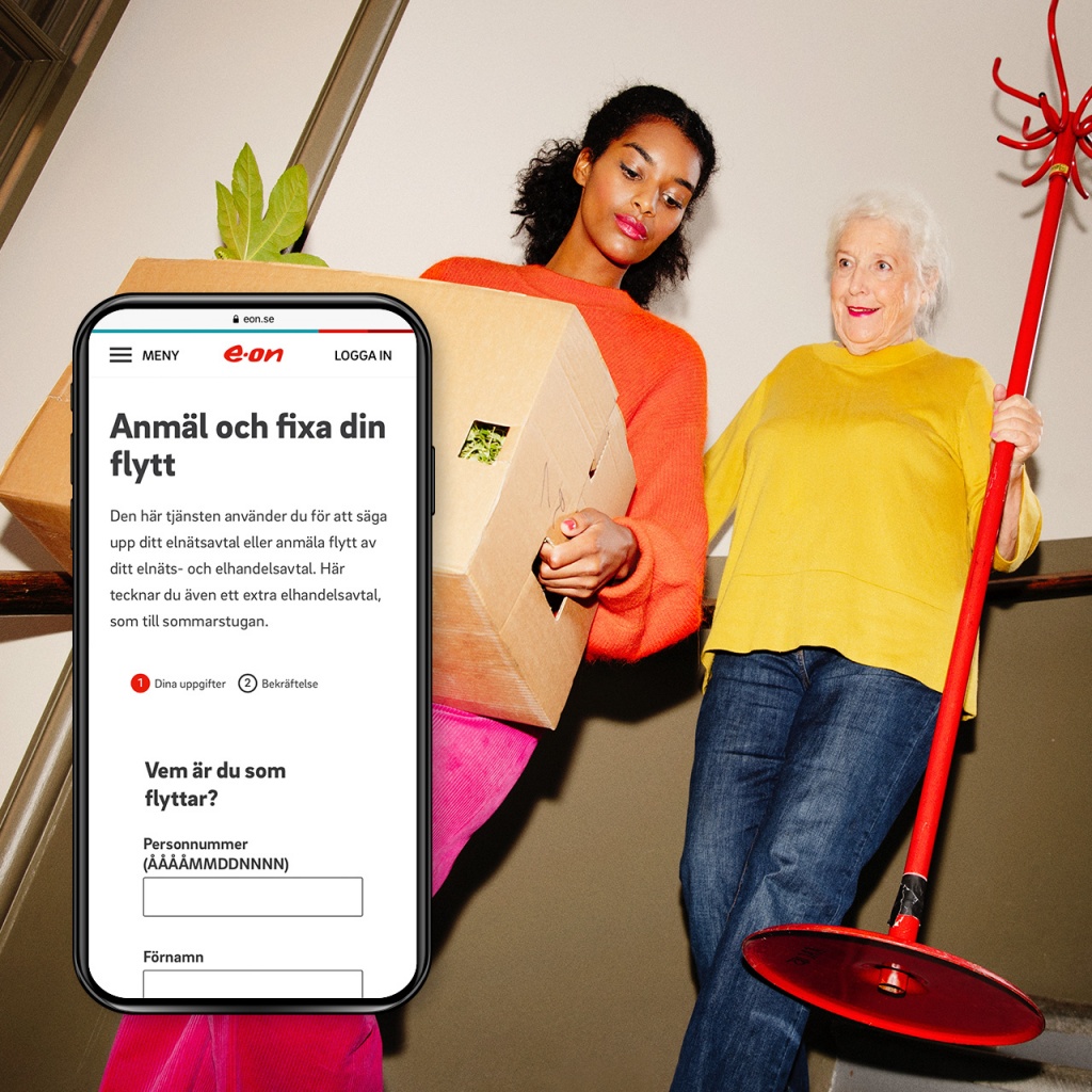 Två personer flyttar och bild på mobil med text