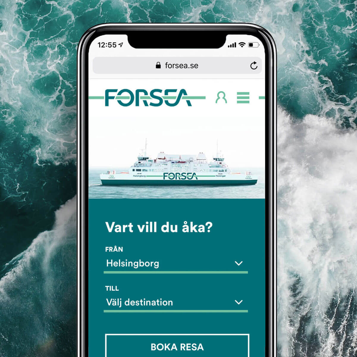 Puffbild ForSea mobil visar sajten, hav i bakgrunden.